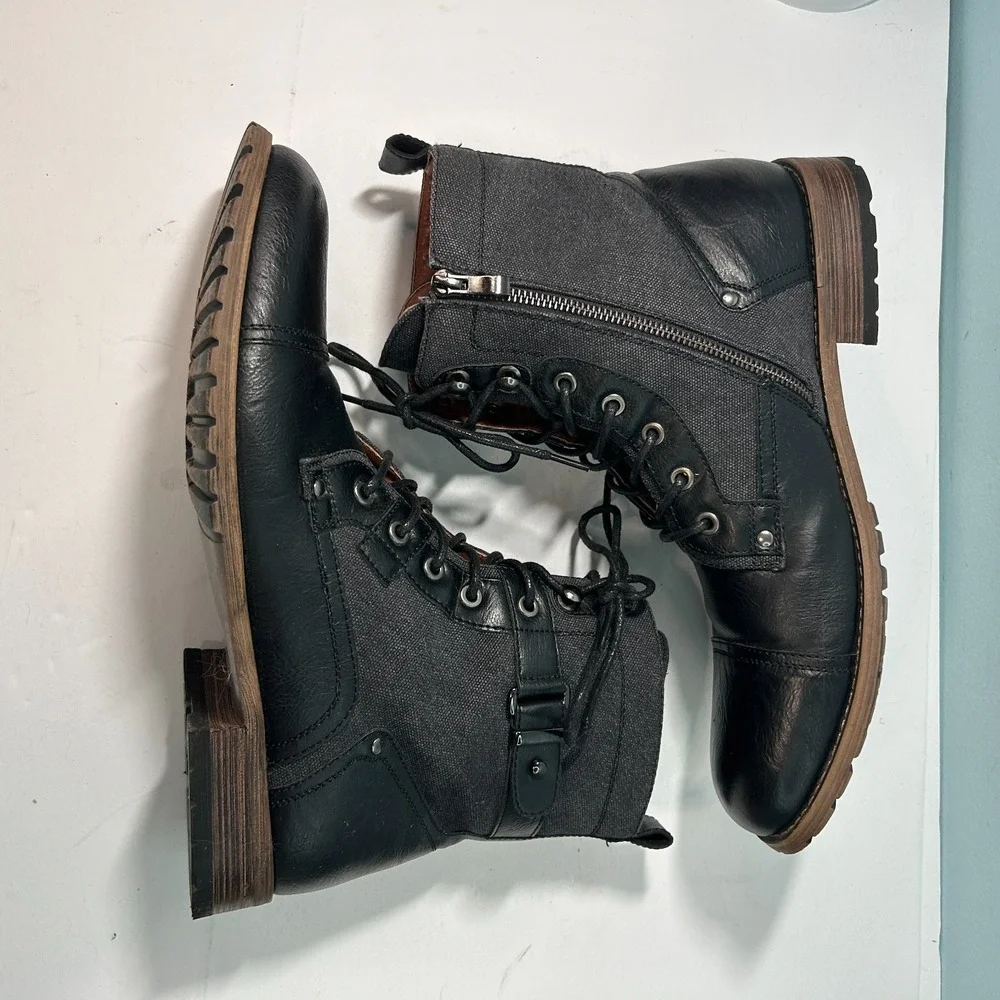 Polar Fox Mike Combat Boots Men's 12 Black Gray Lace Up + Side Zip + Buckle